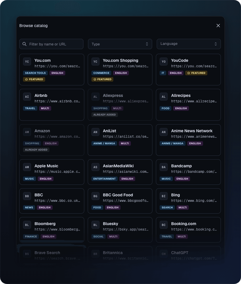 The Browse catalog window: filter 100+ ready-made engines and add any with one click
