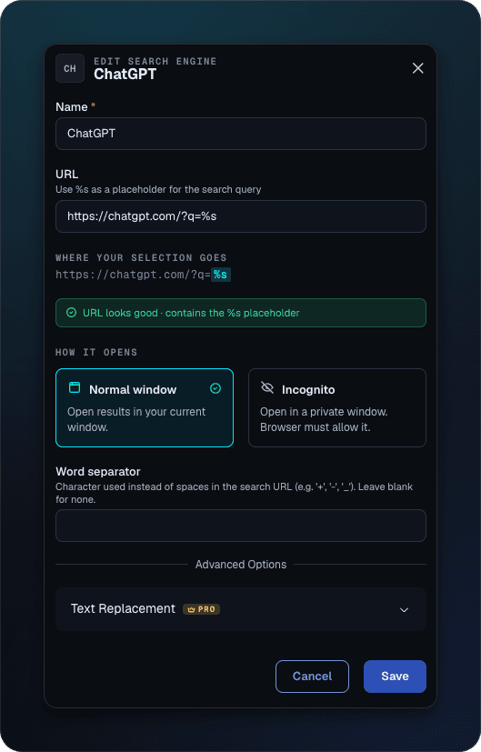The engine editor: paste any search URL, mark where the query goes with %s, and name it