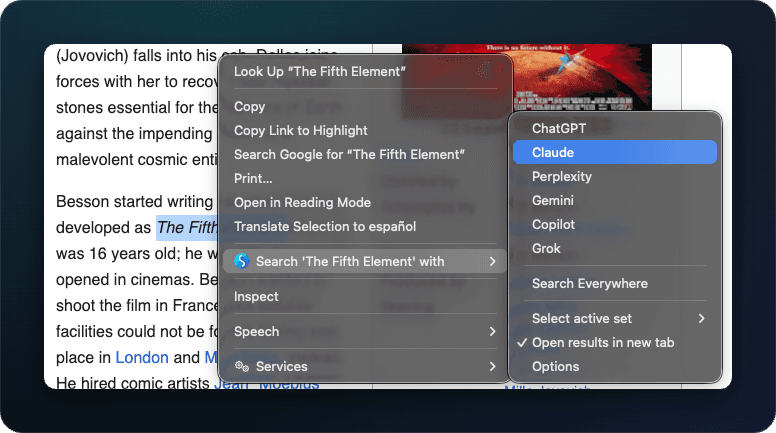 Selecting text and right-clicking opens the Simple = Select + Search menu with the engines in your active set