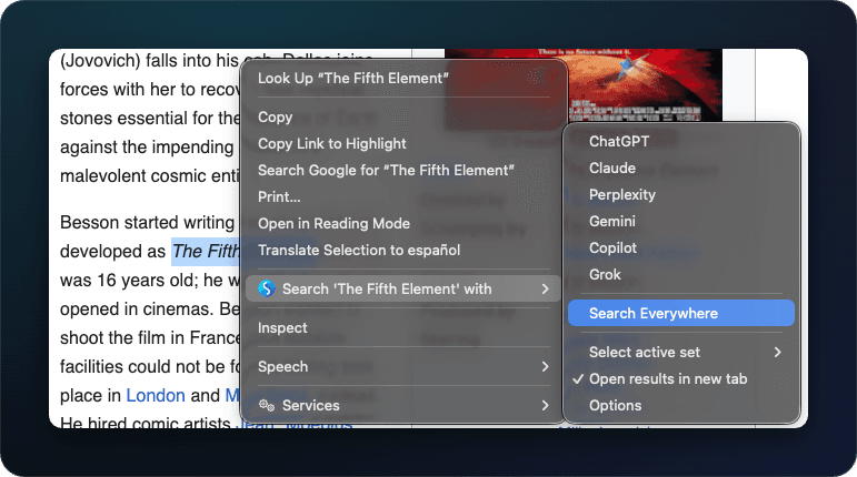 Choosing Search Everywhere fans one selection out to every engine in the set at once