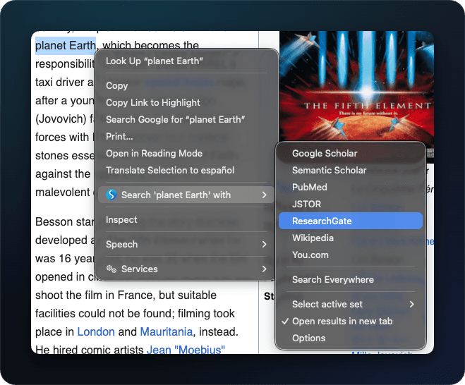 The right-click menu showing a Research set — Google Scholar, Semantic Scholar, PubMed, JSTOR, ResearchGate, Wikipedia, You.com
